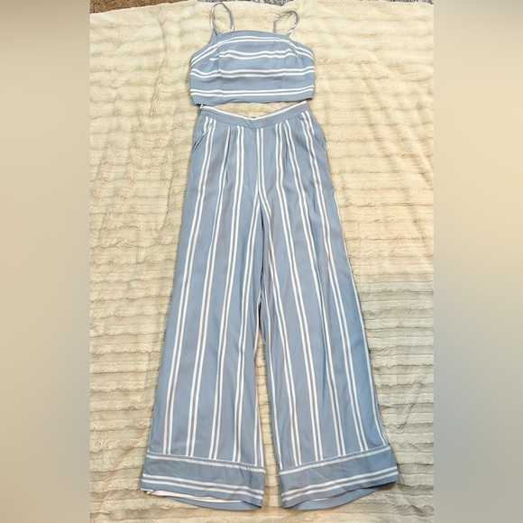 Lulus Pants - Lulus Coastal Living Light Blue and White Striped Two Piece Jumpsuit Size M